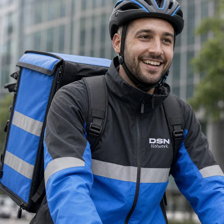 A DSN cycle courier in blue and black uniform