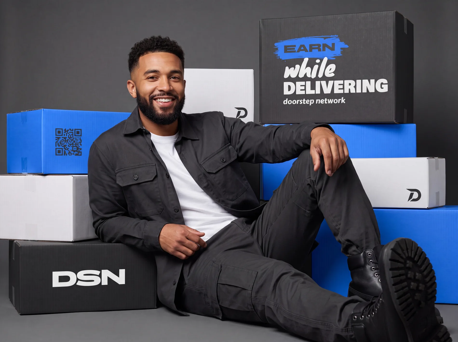 A delivery professional seated beside DSN-branded parcels